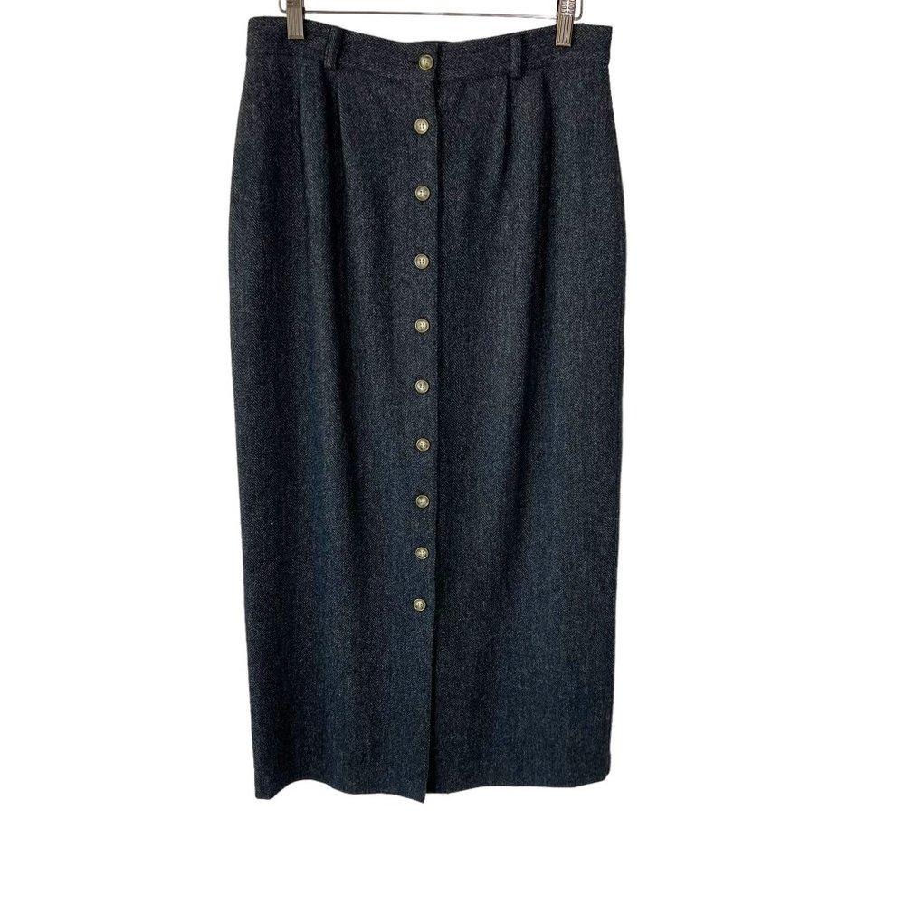 Vintage 90s Dark Grey Wool Blend Long Straight Button Up Midi Skirt Large